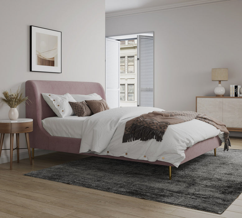 Heather Mid-Century Modern Velvet Upholstered Queen Bed in Blush and Gold