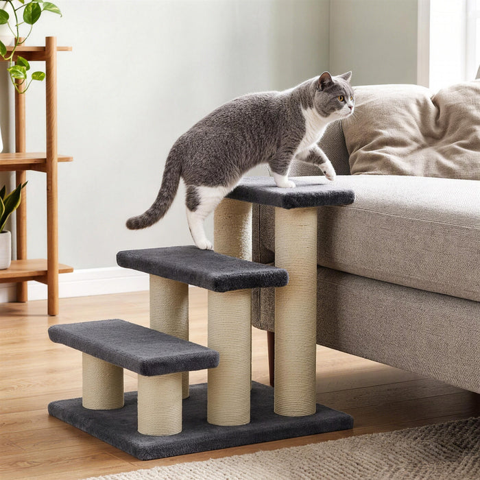 PawHut 3 Tier Pet Stairs Dog Cat 3 Steps Kitty Scratching Post Cat Scratch Furniture Dark Grey