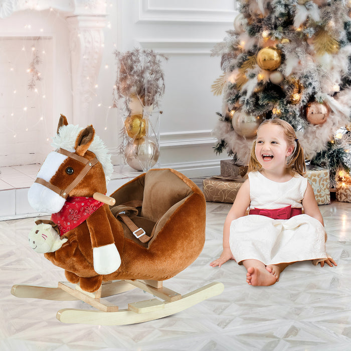 Qaba Kids Ride On Rocking Horse With Cradlesong Handle Grip Hand Puppet Traditional Toy Gift For Children 18-36 Months Rocking Toy For Toddler Brown