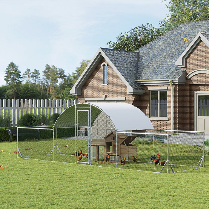 Pawhut Chicken Run, 23' X 6.6' Metal Chicken Coop With Waterproof And Anti-uv Cover, Dome Roof, Door, For 12-14 Chickens, Ducks, Rabbits, Sliver