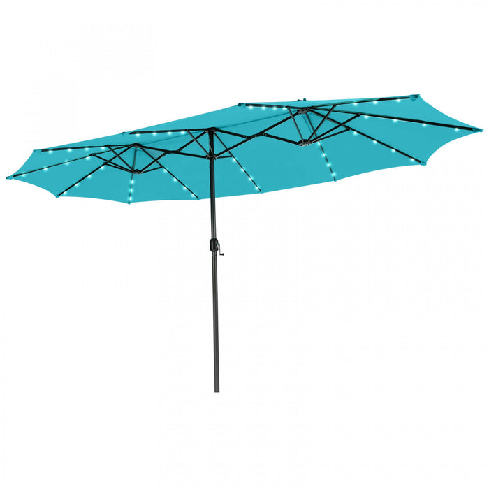 Costway 15 FT Twin Patio Double-Sided Umbrella 48 Solar LED Lights Crank Outdoor Turquoise