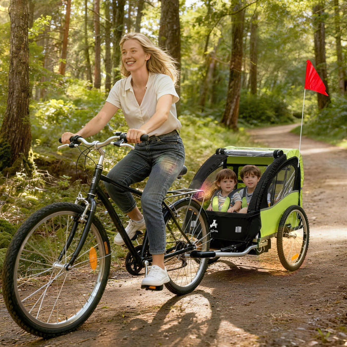 Aosom 2-Seat Bike Trailer for Kids, Baby Bicycle Trailer with Storage Bag, 5-Point Harness, 20\" Rubber Wheels, Safety Flag, Reflectors, Shock Absorber System, for 18+ Months, Green