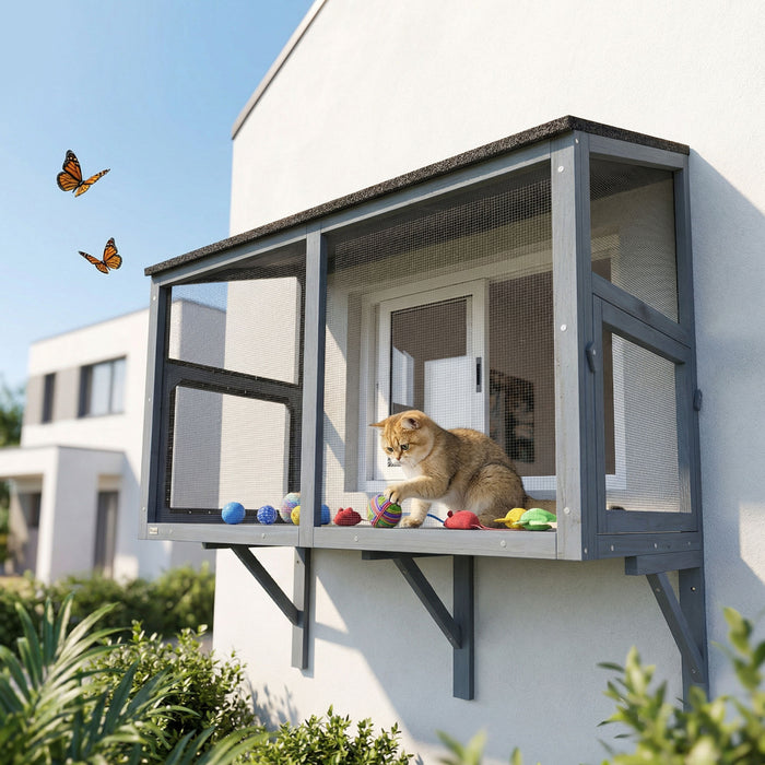 PawHut Bug Proof Window Cat Catio, Outdoor Cat House w/ Metal Mesh, Outdoor Enclosure for Indoor Pet, Expandable Safe Window Perch for Sunbathing, Napping & Overlooking, 39.4\"L