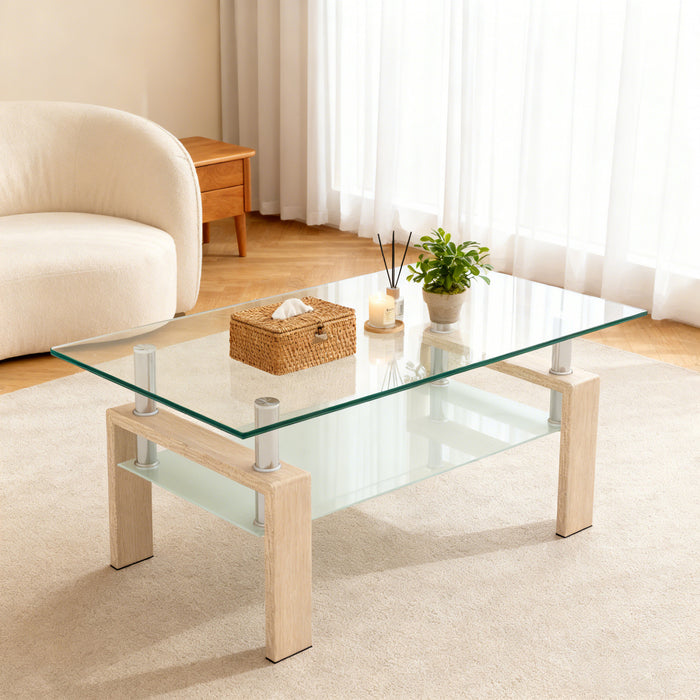 Liam Modern Rectangle Clear Tempered Glass Coffee Table,Oak