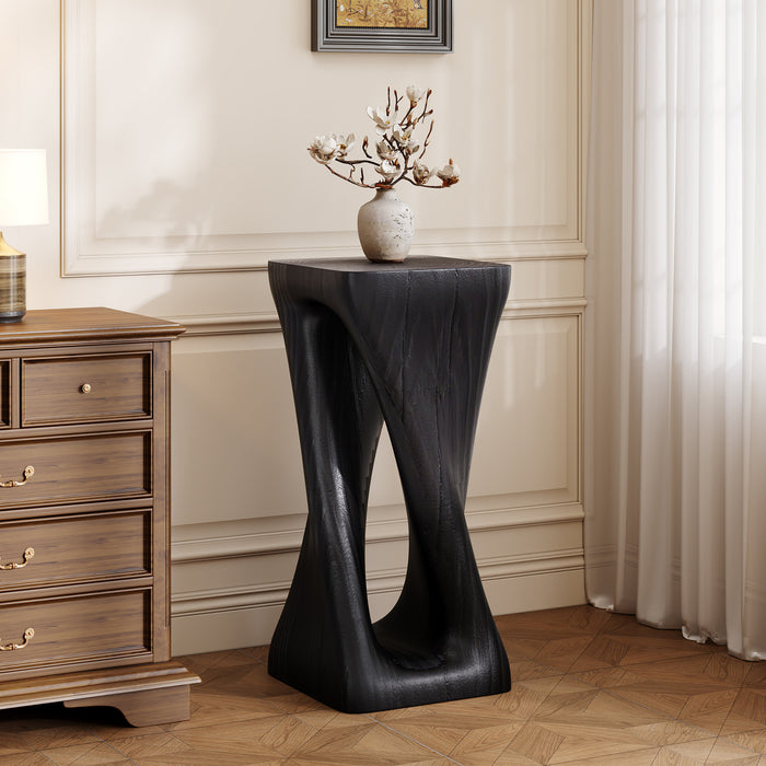 Cade 26.80\" Twisted Square MGO Accent Table, Unique Natural Wood Grain Indoor Side Table, Black