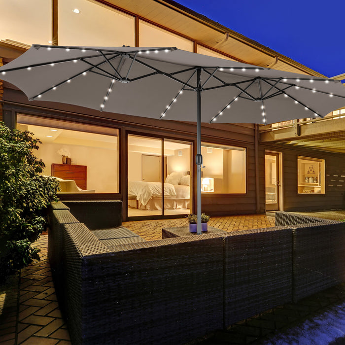 Costway 15Ft Patio Double-Sided Solar LED Market Umbrella Crank 36 Lights Base Grey