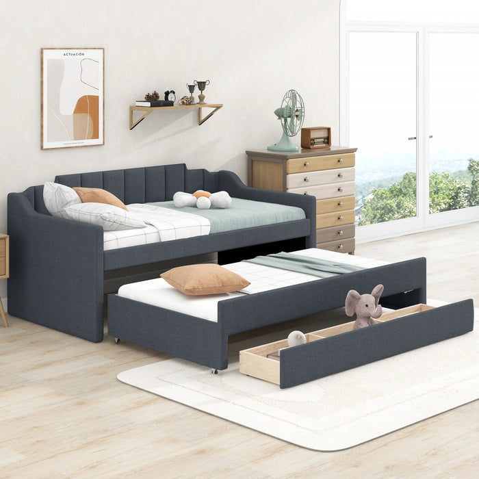 Hogan Linen-look Fabric Upholstered Daybed With Trundle And Storage Drawers, Twin Size, Grey