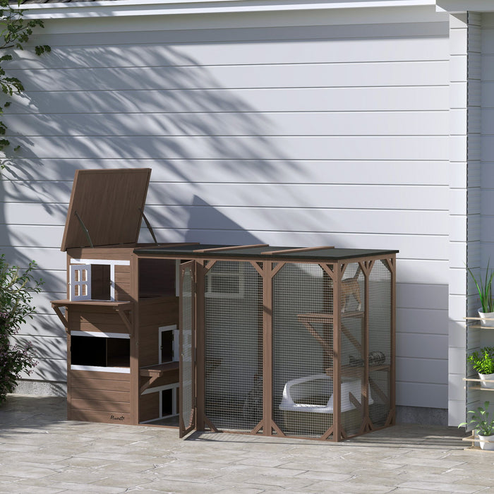 Pawhut Wooden Cat Catio, 76\"l Walk In Outdoor Cat House With Asphalt Roof, Platforms, Lockable Doors, 3-tier Resting Condo, Observation Window, For 2-3 Cats, Brown
