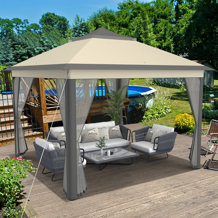 Costway 11'x11' 2-tier Pop-up Gazebo Tent Portable Canopy Shelter Carry Bag Mesh Brown