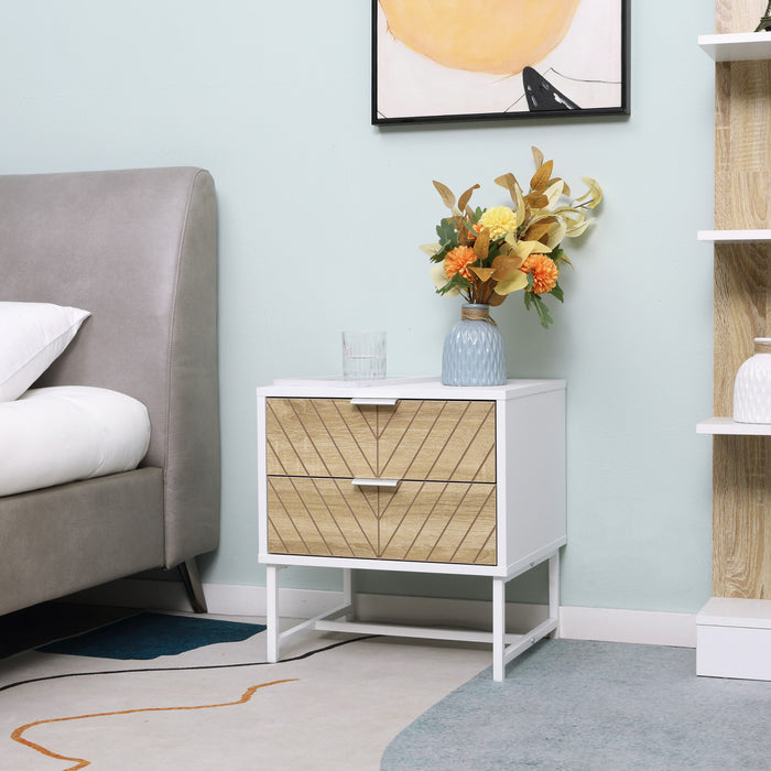 HOMCOM Nightstand with 2 Drawers and Steel Frame, Side Table, White