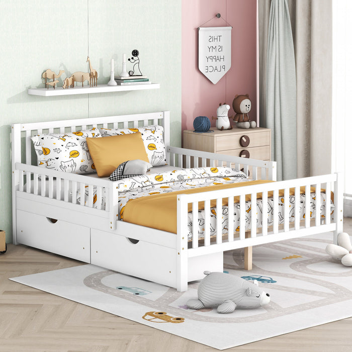 Emma Wood Platform Bed with Guardrails and Storage Drawers,Full Size - White
