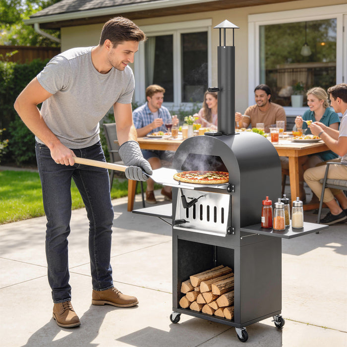 Outsunny Outdoor Wood Fired Pizza Oven with Side Shelves and Open Cabinet, Pizza Maker on Wheels with Thermometer, Stone, Peel, Cover, Grill Grate, for Barbecue, Picnic, Camping