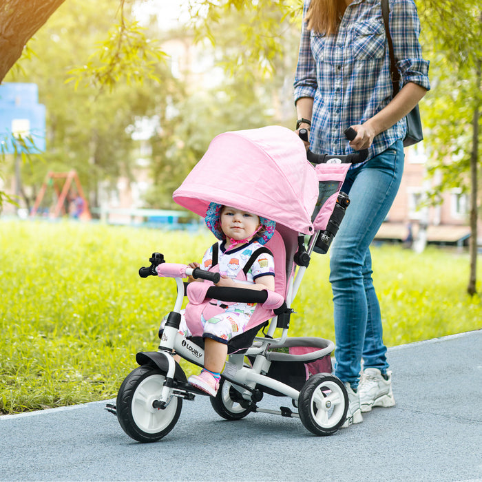 Qaba 6 In 1 Toddler Tricycle, Kids Trike With Foldable Canopy, Removable Parent-push Handle And Cover, Storage Basket, 5-point Safety Belt, For Child 1-5 Years, Pink