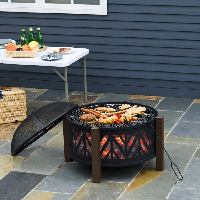 Outsunny 31\" Fire Pit, 2-in-1 Wood Fire Pit Brazier With Lid, Grill, Black