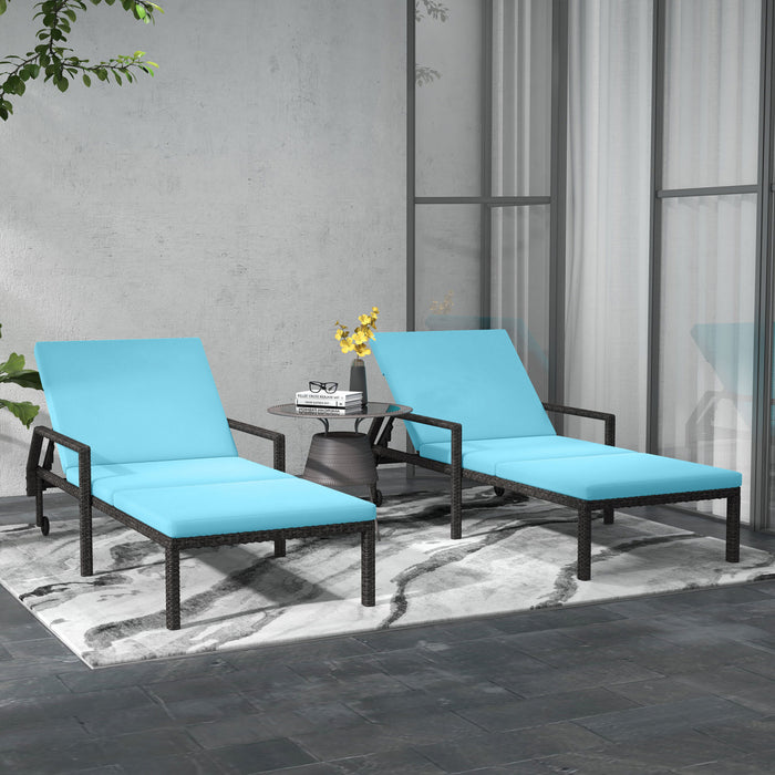 Outsunny 2 Pcs Wicker Patio Loungers W/ Wheels, Adjustable Backrest, Blue