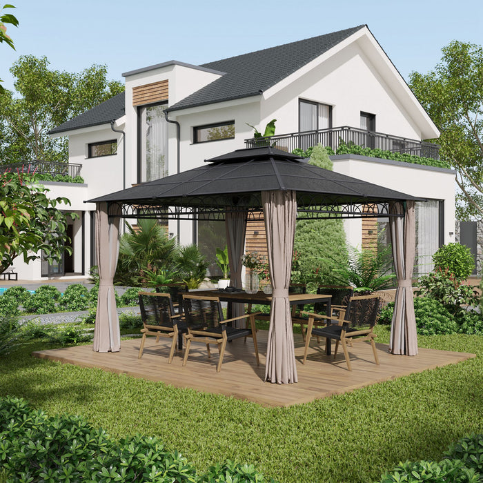 Outsunny 10' X 12' Outdoor Gazebo Canopy, Double roof Hardtop Gazebo With polycarbonate Roof, Steel Frame, Nettings and curtains, For garden, lawn, backyard and deck, Khaki