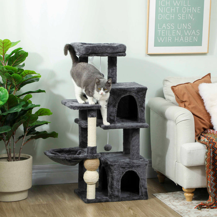 Pawhut Cat Tree, 42\" Cat Tower For Indoor Cats Multi-level With Padded Plush Perch, Cozy Hammock, 2 Door Condos, Scratching Posts, Toy Balls, Dark Grey
