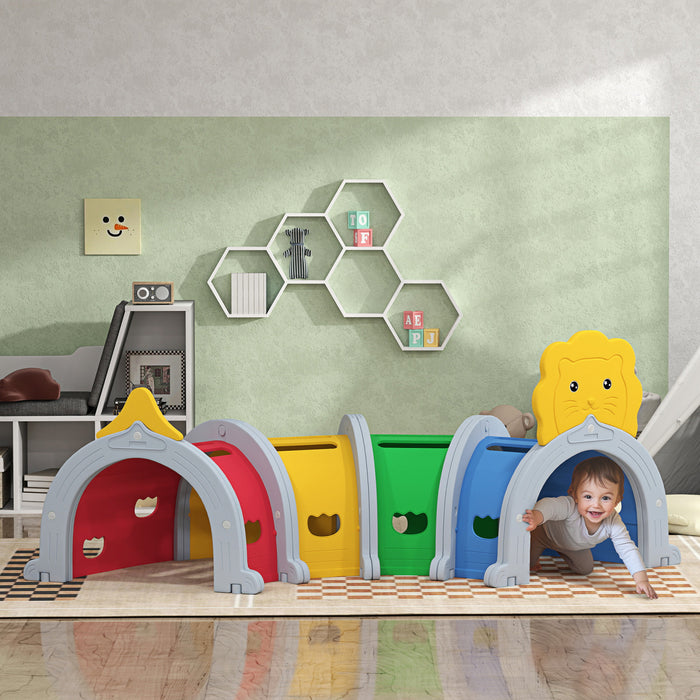Qaba Tunnel For Kids To Crawl Through, Lion Design Toddler Play Tunnel Indoor & Outdoor Climbing Toys Play Structure For 3-6 Years, Multicoloured, 76\" X 35\" X 34\"