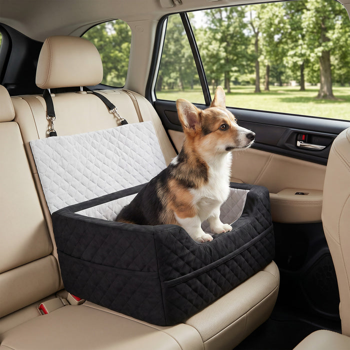 PawHut Dog Car Seat, Dog Booster Car Seat for Small Breeds Under 10kg, Portable Pet Travel Bed Detachable Washable with Adjustable Safety Leash, Storage Pockets, Grey