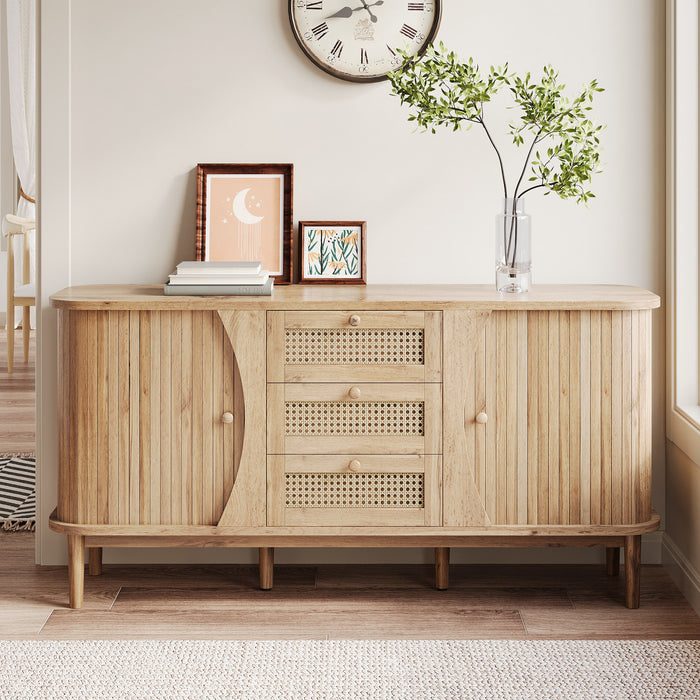 James 55.3\" Modern Minimalist Wood Cabinet with Sliding Doors and Adjustable Shelves,Natural Accent Cabinet