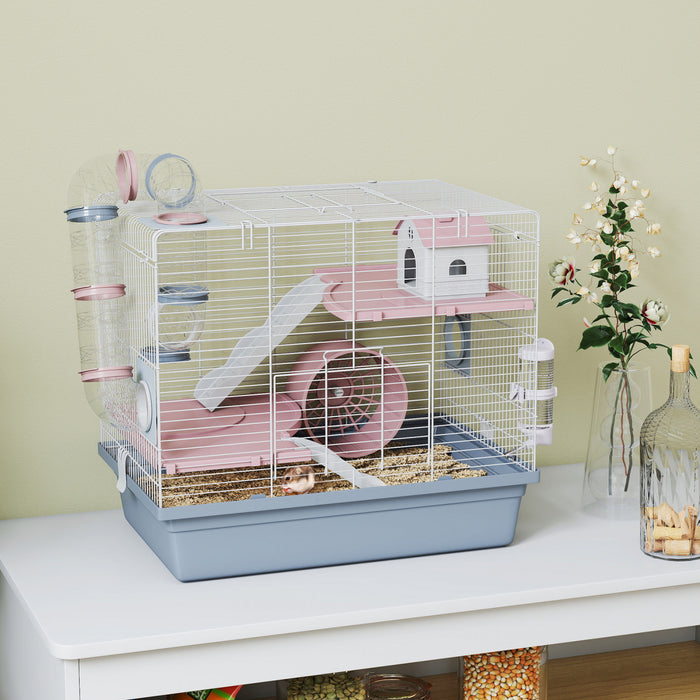 PawHut Hamster Cage, 3-Level Small Animal House with Excerise Wheel, Food Bowl, Water Bottle, House, Tunnels, Ramps, Gerbil Cage for Dwarf Hamster, 19\" x 13\" x 17\", Blue