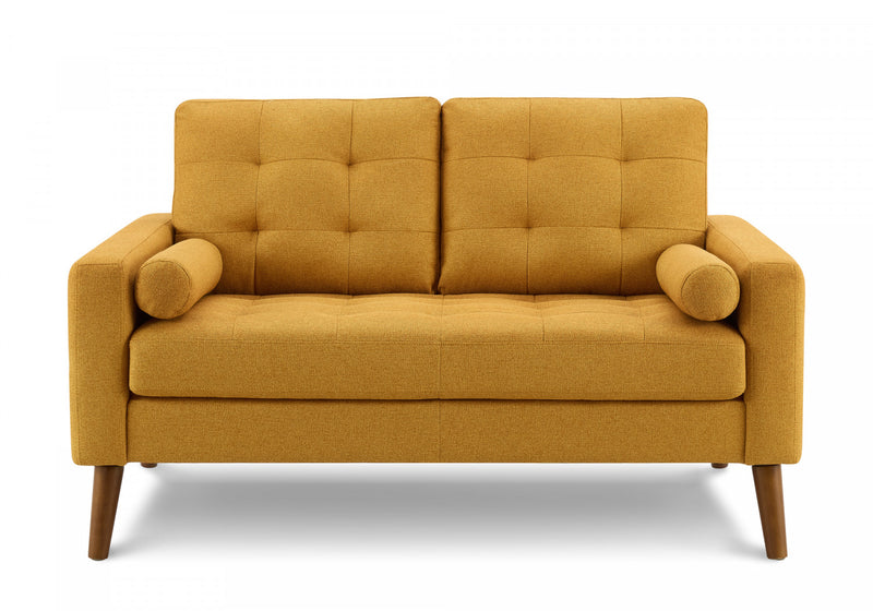 Upholstered Love Seat, 58\" L, Orange Fabric, Walnut Wood Legs, Mid-Century Loveseat