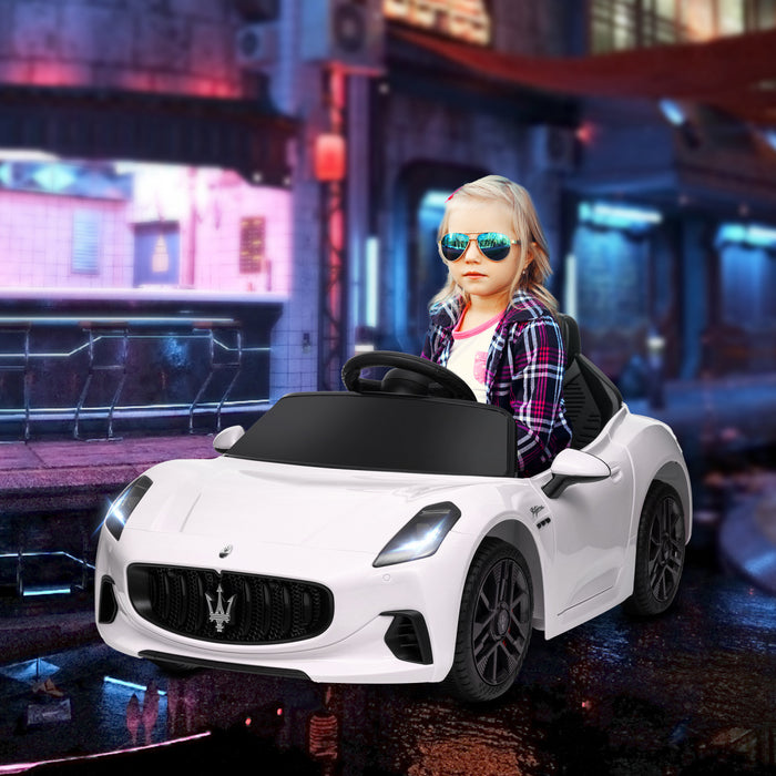 Qaba 12v Electric Car For Kids, Maserati Gran Turismo Licensed Battery Powered Ride-On Kids Car With Remote Control, Soft Start, Led Lights, Music, Horn, Mp3, Kids Ride On Car, White