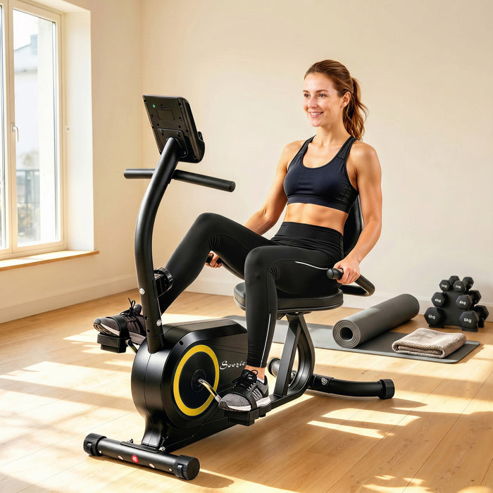Soozier Recumbent Exercise Bike for Home, Indoor Stationary Bike for Seniors with Bluetooth, App Connectivity, 8-Level Magnetic Resistance, LCD Display, Pulse Sensors, Wheels