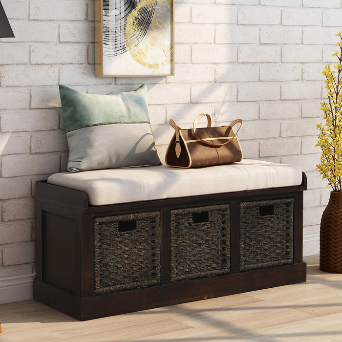 Leif Solid Wood And Rattan Baskets Storage Bench With Cushioned Seat - Espresso