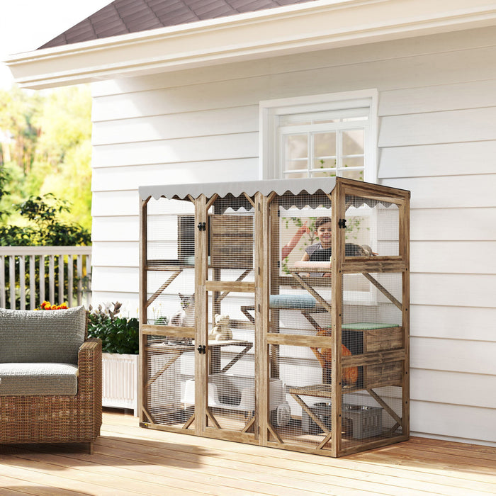 Pawhut Catio, Outdoor Cat Enclosure With Waterproof Cover, 2 Relaxing Condo, 5 Platforms, Wooden Cat House Window Box For Multiple Kittens, 59\" X 28\" X 59\", Brown