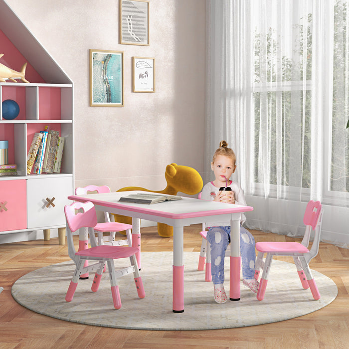 Qaba Kids Table And Chair Set With 4 Chairs, Adjustable Height, Easy To Clean Table Surface, For 1.5 - 5 Years Old, Pink