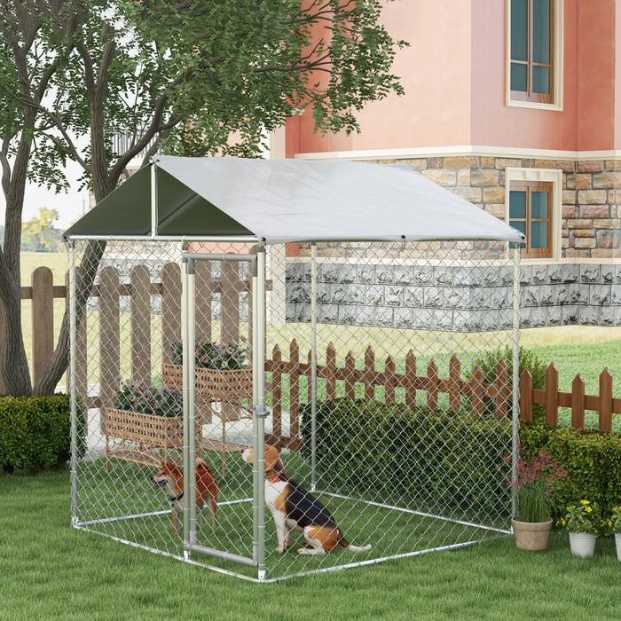 Pawhut Outdoor Dog Kennel Dog Run With Waterproof, Uv Resistant Cover For Small And Medium Sized Dogs, 6.6' X 6.6' X 7.8', Silver