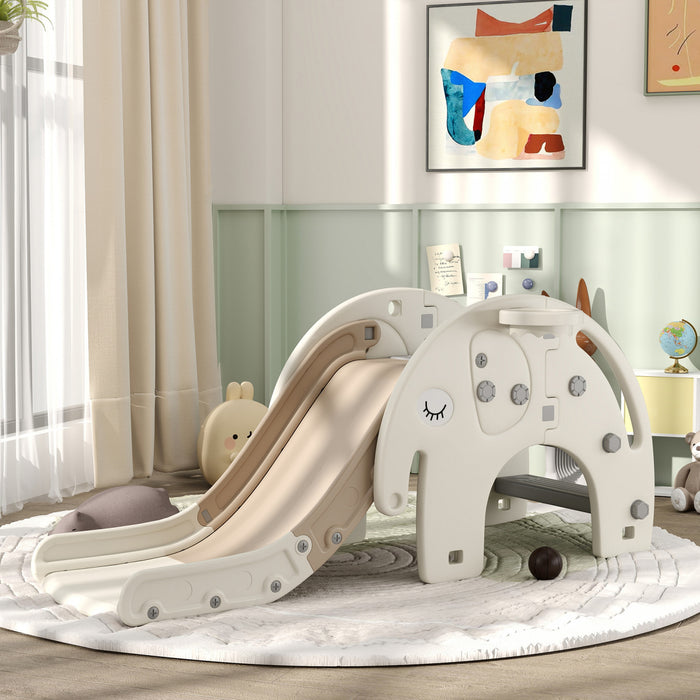 Qaba 3 In 1 Toddler Slide, Kids Slide With Basketball Hoop, Climber, Elephant-themed Indoor Slide For Ages 1-3 Years, Cream White