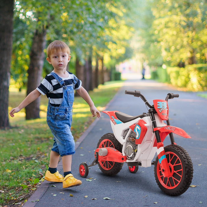 Aosom Kids Dirt Bike Battery Powered Ride-On Electric Motorcycle With Charging 12v Battery, Training Wheels Red