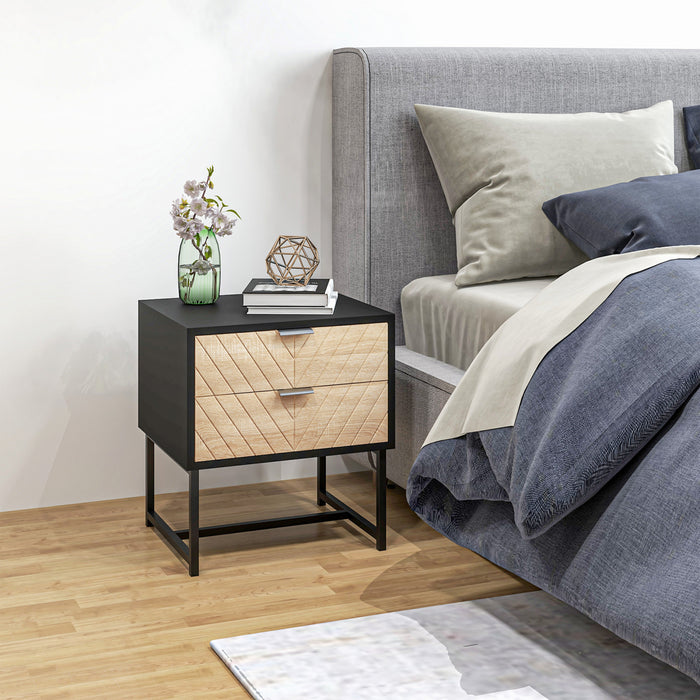 HOMCOM Nightstand with 2 Drawers and Steel Frame, Side Table, Black