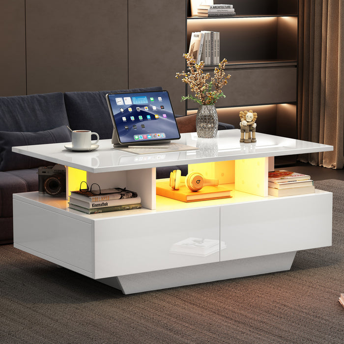 Lucas LED Coffee Table with Storage Drawers and Open Shelves,White