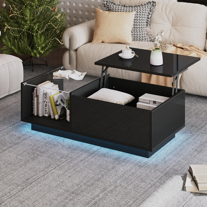James Lift Up Coffee Table with Hidden Storage and LED Lighting,Black