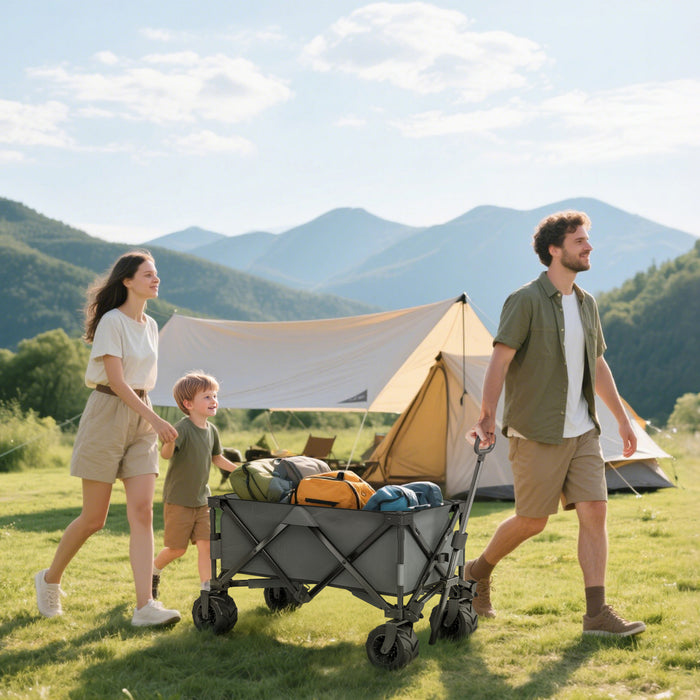 Outsunny Collapsible Wagon Cart, 205L Foldable Utility Wagon with Telescopic Handle, Big Wide All-Terrain Wheels, Camping Beach Cart for Grocery Sports Shopping Garden, Dark Grey