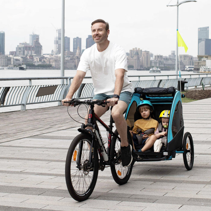 Aosom Child Bike Trailer 3 In1 Foldable Jogger 2-seater Pushcar Transport Buggy Carrier With Shock Absorber System Rubber Tires Adjustable Handlebar Kid Bicycle Trailer Blue