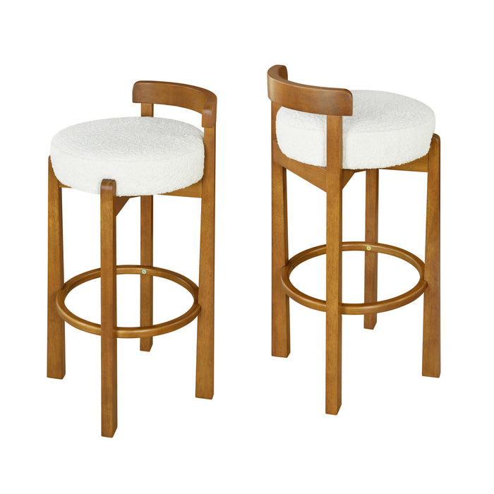 Elise Modern Round Seat Rubberwood Bar Stool Set of 2 with Curved Back Support and Sherpa Upholstery,White