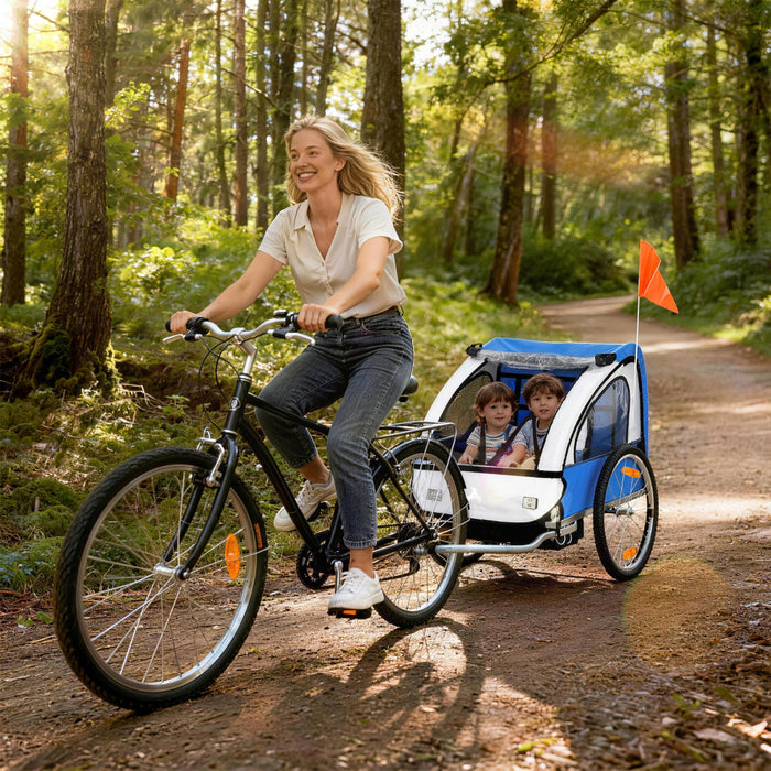 Aosom 2 Seat Bike Trailer for Kids Double Baby Toddler 80lbs Load w/ Steel Frame, 5-Point Safety Belts, Universal Bicycle Connect, Reflectors, Red Flag, Waterproof Cover, Blue