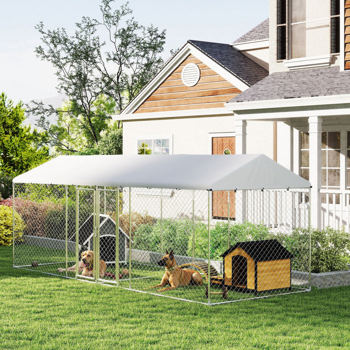 Pawhut Outdoor Dog Kennel With Two Rooms, Heavy Duty Dog Run Outdoor Fence Cage With Waterproof Uv-resistant Cover, Escape-proof Lock, 19.7' X 7.5' X 7.5'