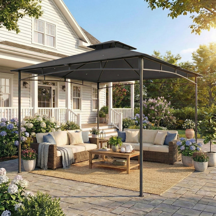 Outsunny 10' x 10' Gazebo, Soft Top Garden Gazebo w/ 2-Tier Roof, Dark Grey