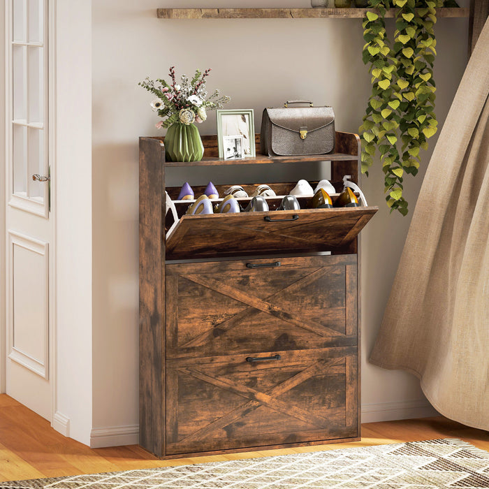 HOMCOM Narrow Shoe Cabinet Farmhouse Shoe Storage Cabinet Rustic Brown