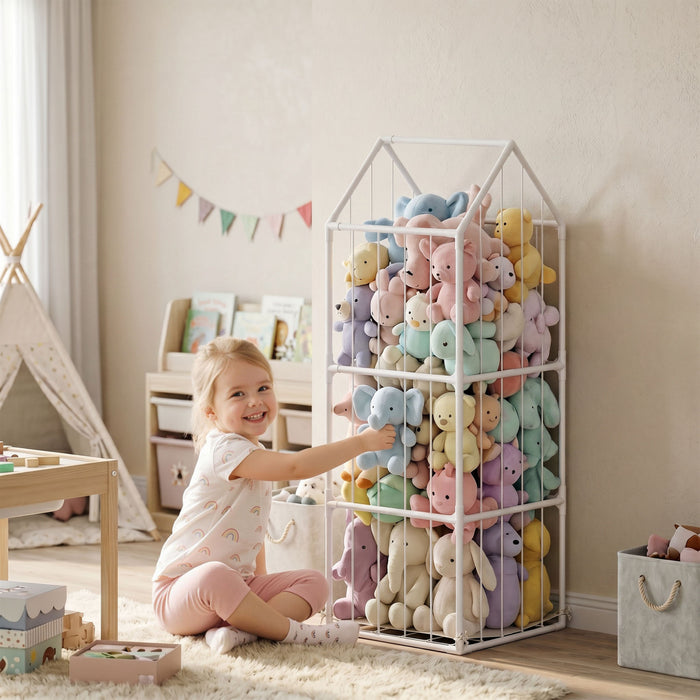 Qaba Stuffed Animal Storage, Large Toy Storage Organizer with Waterproof Bottom, Stuffed Animal Zoo for Playroom, Nursery, Bedroom, 47 x 47 x 132 cm, White