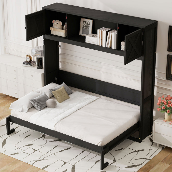 Ethan Solid Wood Murphy Bed with Storage Cabinets,Full Size,Black Full Bed