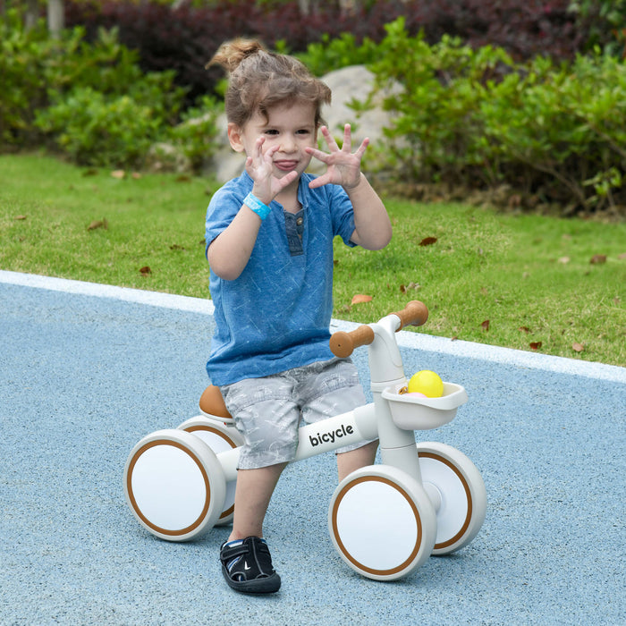 Qaba Baby Balance Bike, Toddler Balance Bike For 12-36 Months With Adjustable Seat, Removable Basket, 4 Silent Wheels, No Pedal Baby Bike For Boys And Girls, Brown