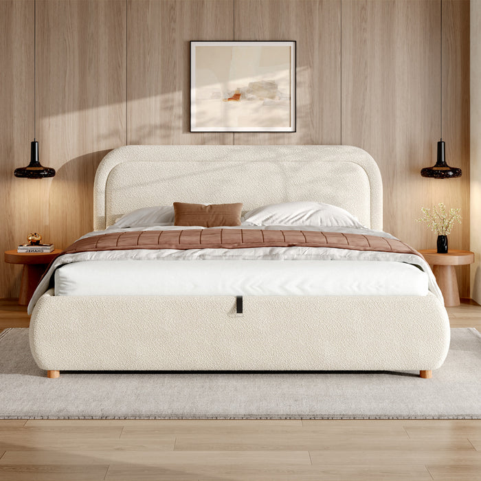 Sophia Space-Saving Hydraulic Lift Storage Platform Bed with Boucle Upholstery,Queen Size,Beige Queen Bed