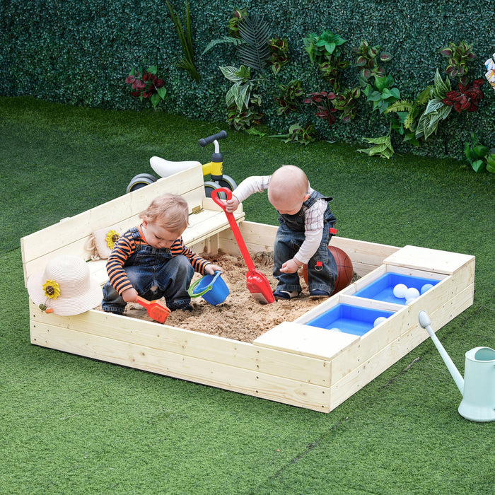 Outsunny Kids Sandbox with Cover, Wooden Sand Box with Foldable Bench Seat, 2 Plastic Boxes, Bottom Liner, Storage Space, Outdoor Sand Box for Kids Backyard, Garden