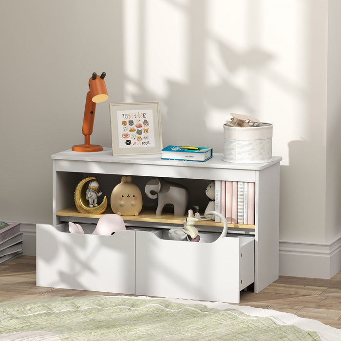 Qaba Toy Storage Organizer, Compact Kids Bookshelf With 2 Drawers, Storage Shelf, Large Tabletop For Kids Room, Nursery, Living Room, Bedroom, White